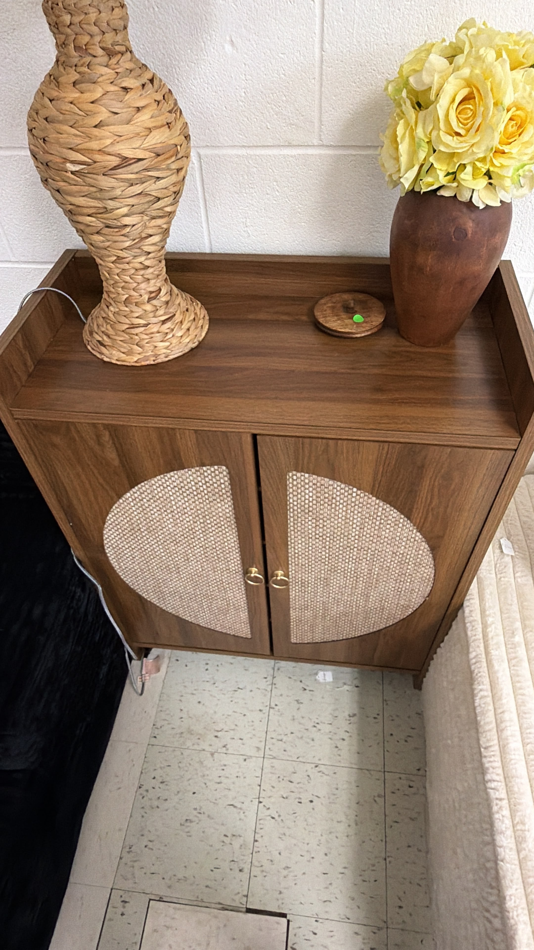 Walnut Storage Cabinet with Rattan Doors
