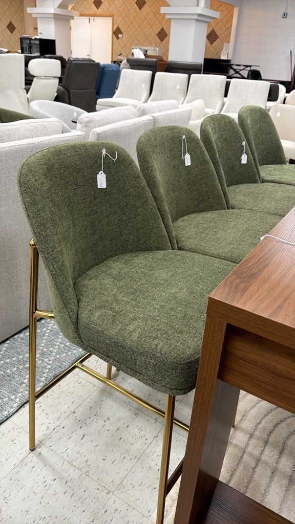 Green Upholstered Bar Stools with Gold Legs
